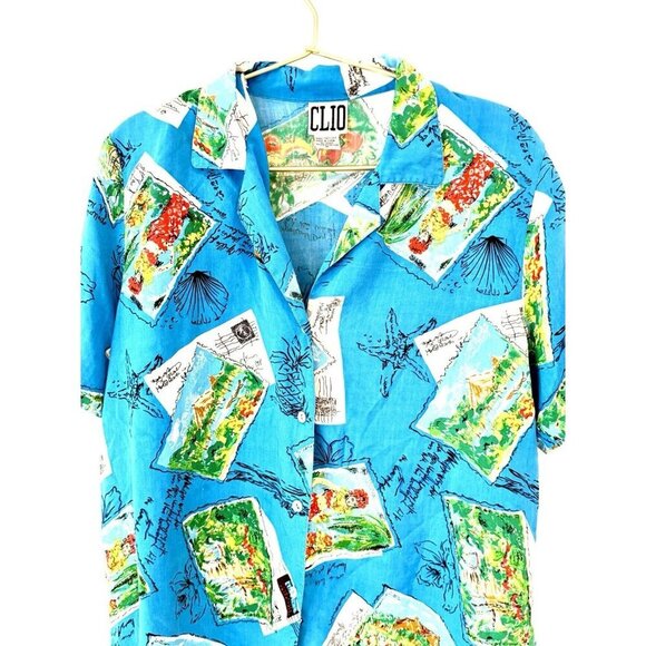 Vintage CLIO Hawaiian Blue Shirt Silk Medium - Picture 2 of 10